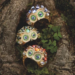 Three intricate owl rings with gemstone eyes and jeweled feathers nestled inside a textured tree bark cavity with green clover leaves