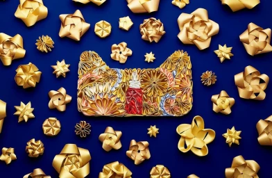 An ornate origami box surrounded by folded gold ribbon stars on a deep blue background, photographed by Mitchell Feinberg.