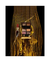 Tom Ford lipstick and eyeshadow quad arranged on a black surface beneath vertical golden light streaks.