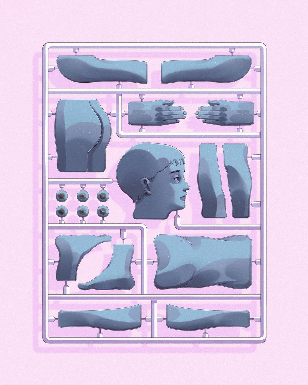 Illustration of a plastic model kit featuring human body parts on a pink background, presented in a style reminiscent of a toy product.