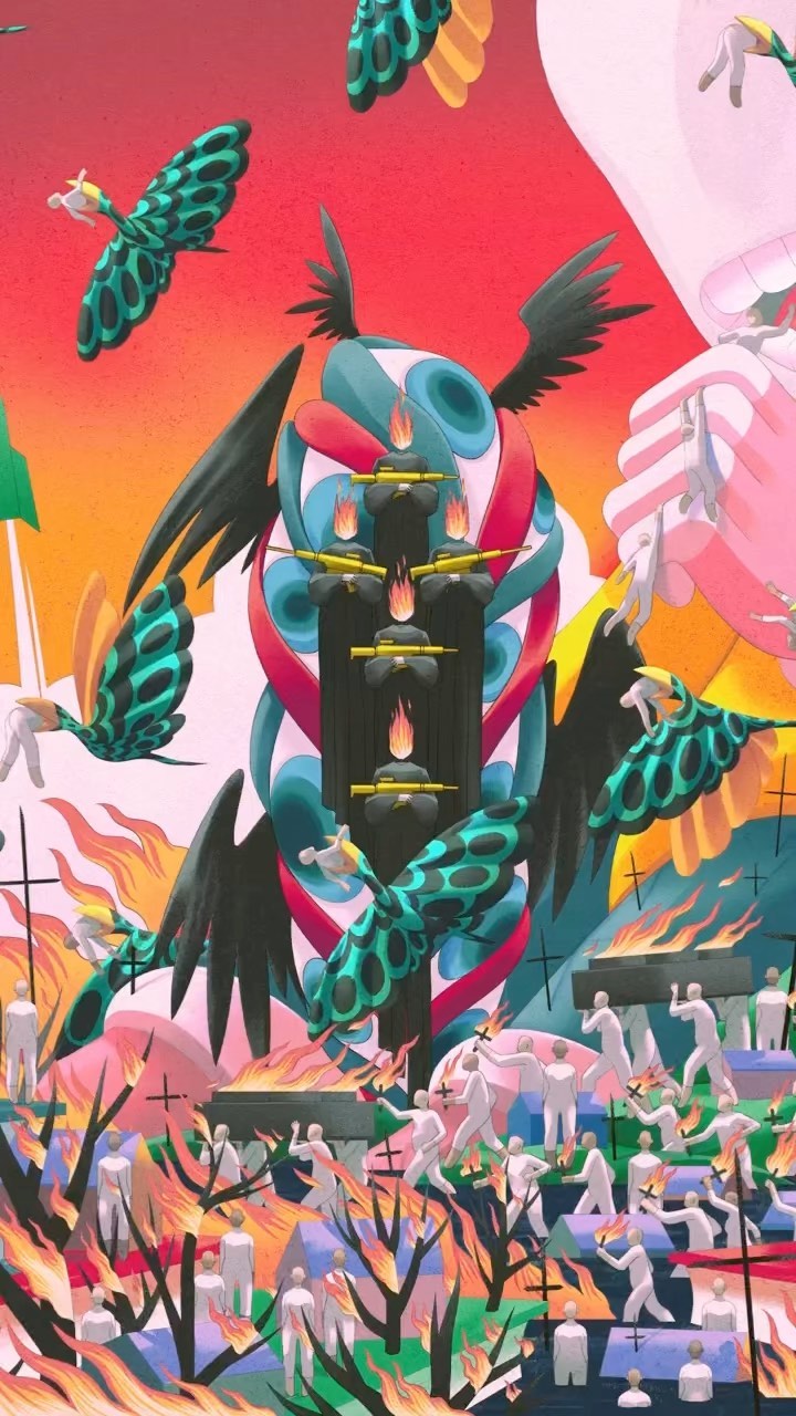 Illustration of a surreal scene featuring small white figures, winged creatures, a central tower, and abstract shapes in warm, vibrant colors.