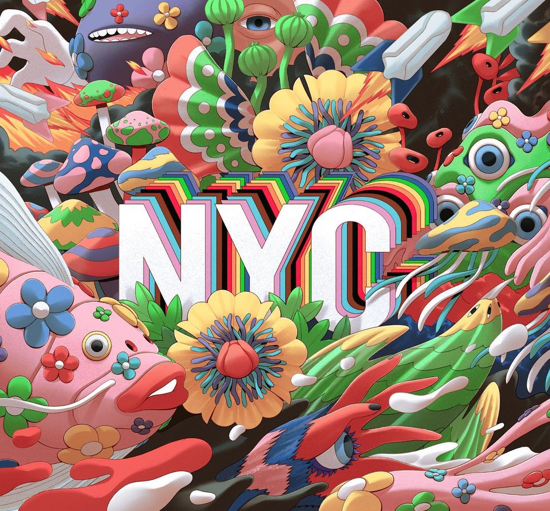 Colorful digital art of NYC text with rainbow and layered shadow effect, surrounded by whimsical flowers, mushrooms, and cartoon creatures.