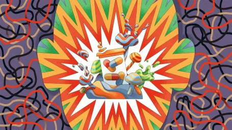 Colorful illustration of a pill bottle surrounded by swirling shapes inside a stylized human head outline by Mojo Wang