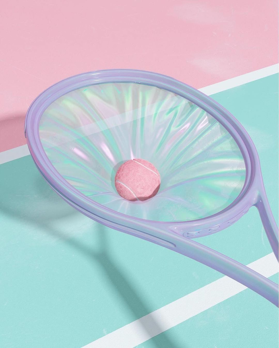 Pastel color photo of a tennis racket with holographic strings and a fuzzy pink tennis ball, set against a split pink and teal background.