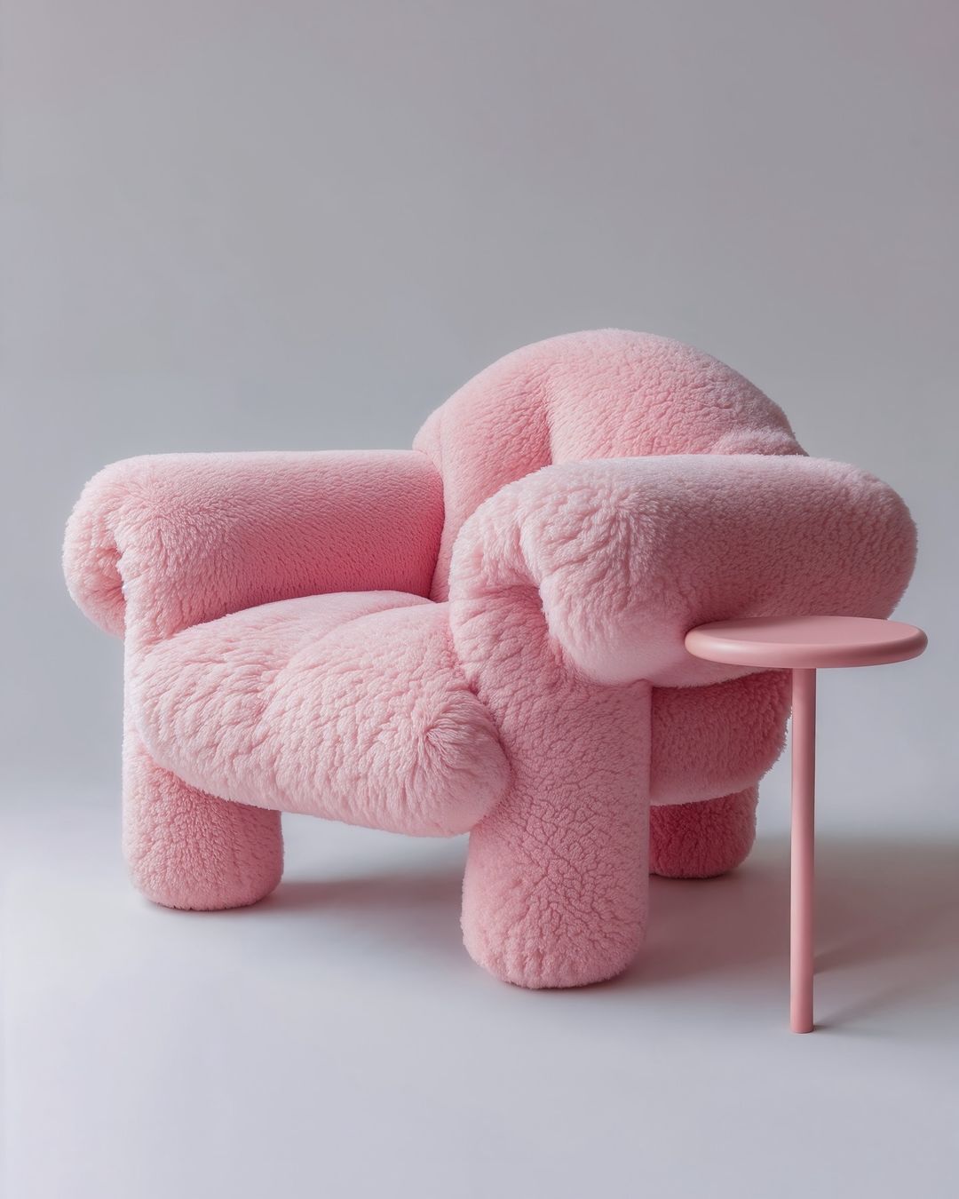 Fluffy pink armchair with a small side table. Soft and stylish furniture for modern interior design, creating a cosy and inviting space.