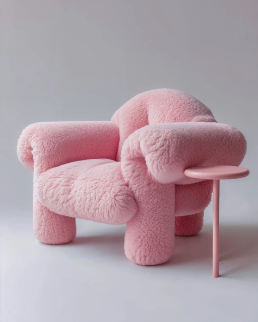 Fluffy pink armchair with a small side table. Soft and stylish furniture for modern interior design, creating a cosy and inviting space.