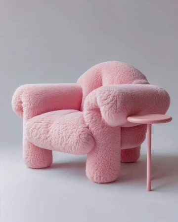 Fluffy pink armchair with a small side table. Soft and stylish furniture for modern interior design, creating a cosy and inviting space.