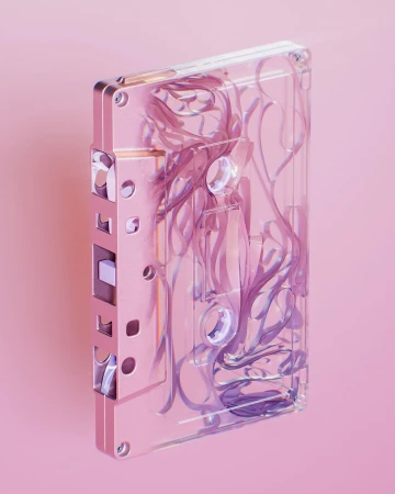Close-up studio shot of a transparent audio cassette with a unique pink-colored tape inside on a pink background. Minimal design.