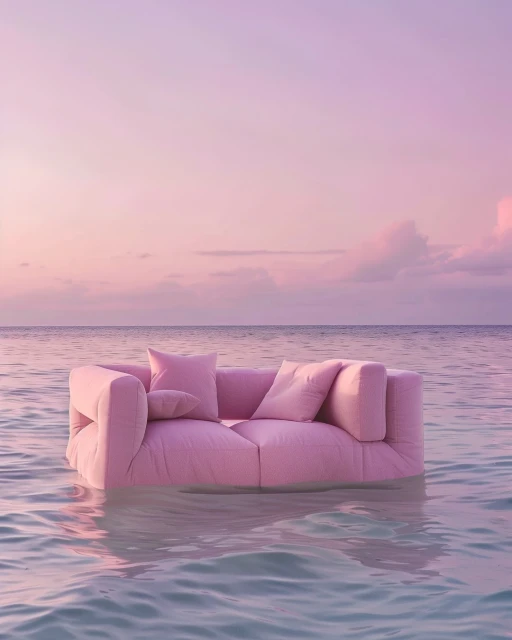Pink sofa with pillows floating on turquoise ocean water, set against a pastel pink and purple sky at dusk.