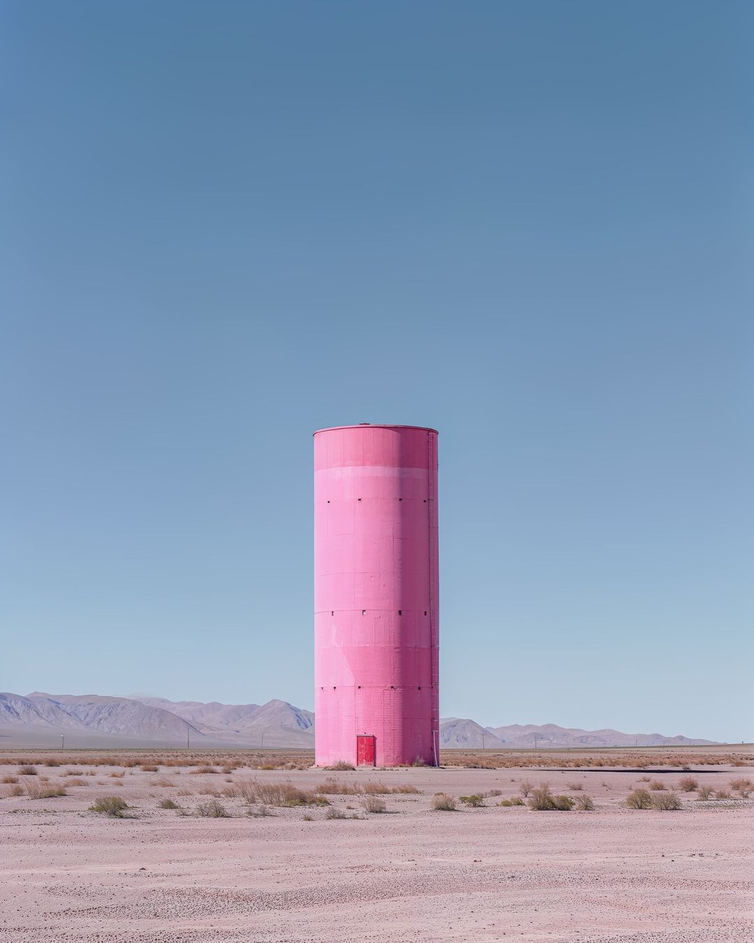 Pink water tower in a desert landscape against a clear blue sky. Minimalist aesthetic with sparse vegetation and distant mountains.