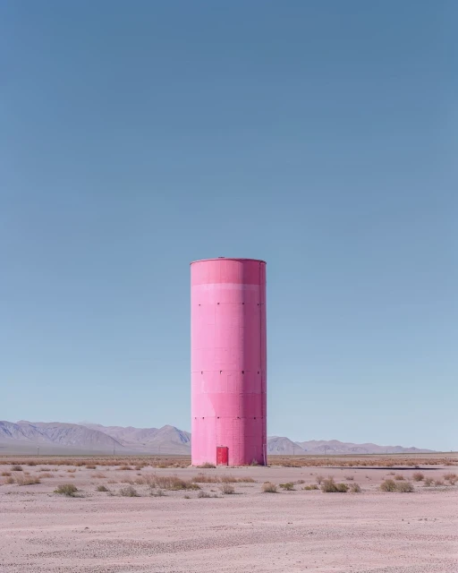 Pink water tower in a desert landscape against a clear blue sky. Minimalist aesthetic with sparse vegetation and distant mountains.
