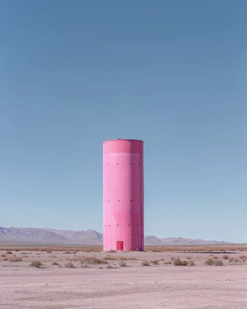 Pink water tower in a desert landscape against a clear blue sky. Minimalist aesthetic with sparse vegetation and distant mountains.