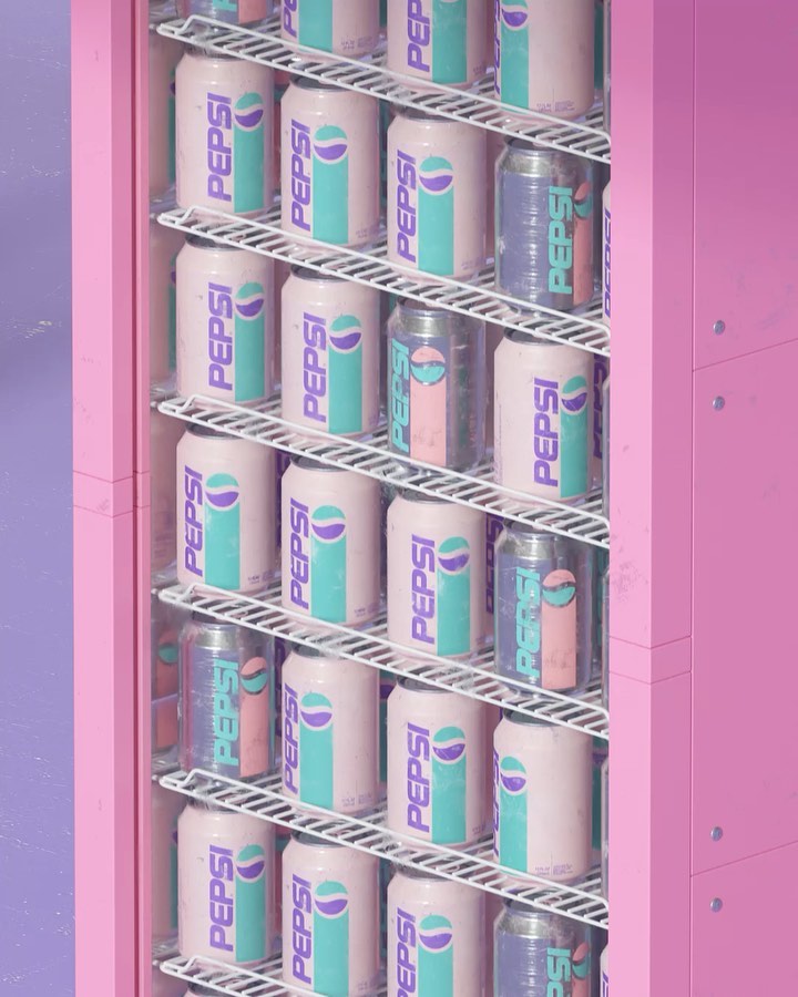Retro-themed refrigerator stocked with rows of pastel-colored Pepsi cans in shades of pink, blue, and purple, set against a lavender wall.