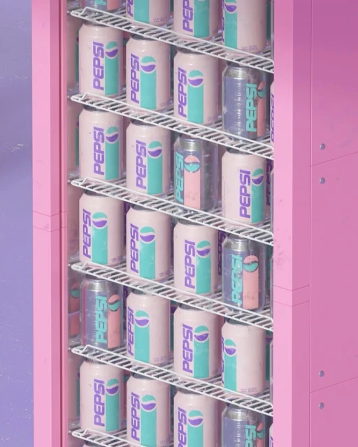 Retro-themed refrigerator stocked with rows of pastel-colored Pepsi cans in shades of pink, blue, and purple, set against a lavender wall.