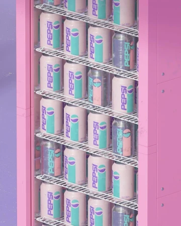 Retro-themed refrigerator stocked with rows of pastel-colored Pepsi cans in shades of pink, blue, and purple, set against a lavender wall.