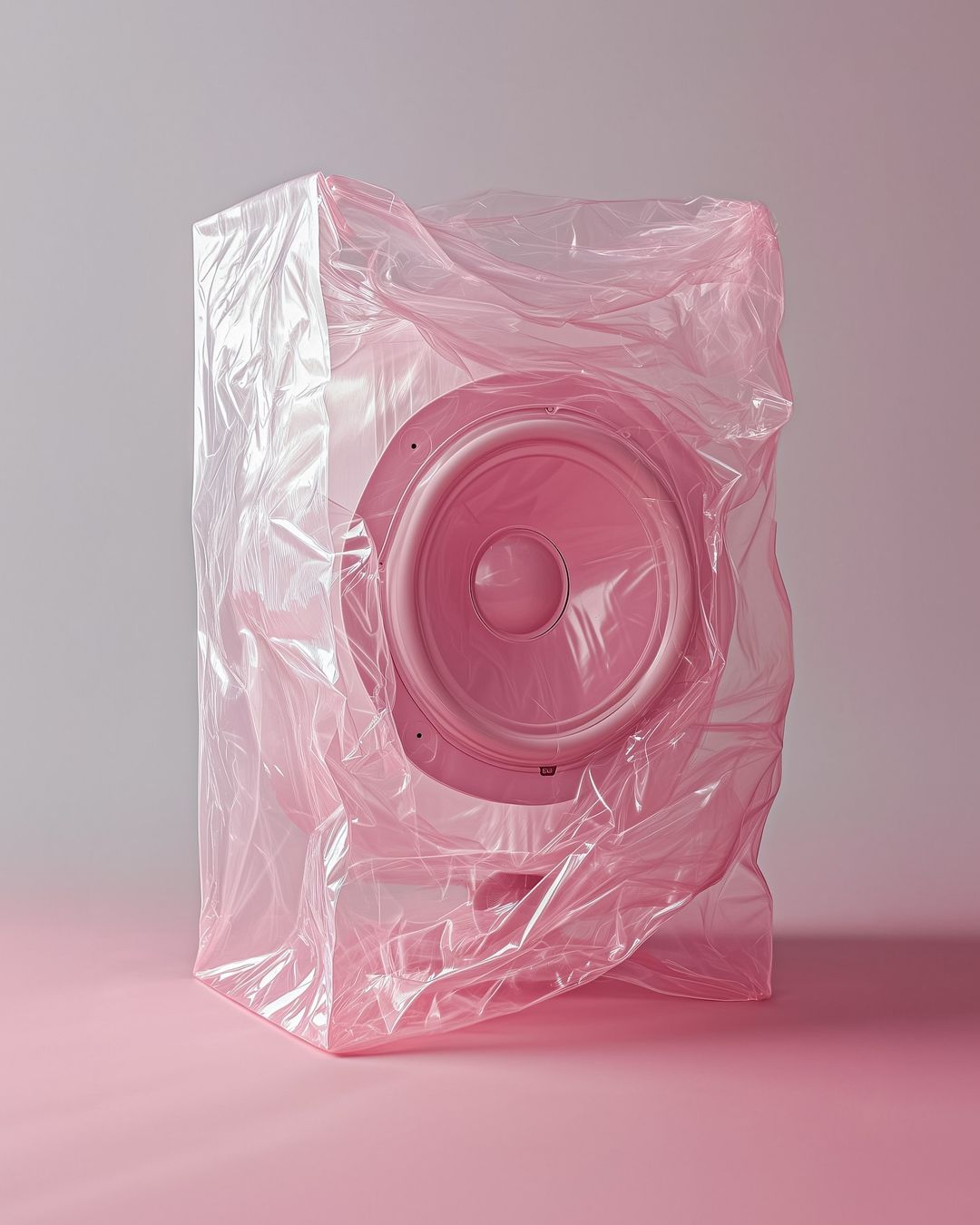 Pink speaker encased in translucent plastic wrap stands against a two-tone pink and grey backdrop in a studio setting, emphasizing its form.