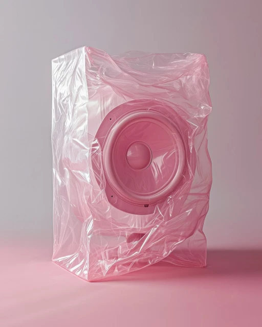 Pink speaker encased in translucent plastic wrap stands against a two-tone pink and grey backdrop in a studio setting, emphasizing its form.