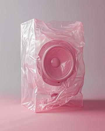 Pink speaker encased in translucent plastic wrap stands against a two-tone pink and grey backdrop in a studio setting, emphasizing its form.