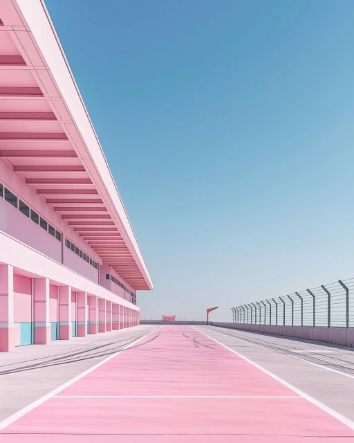 An outdoor architectural shot of a pink racing pit lane under a clear blue sky, emphasizing color and line in a minimalist style.