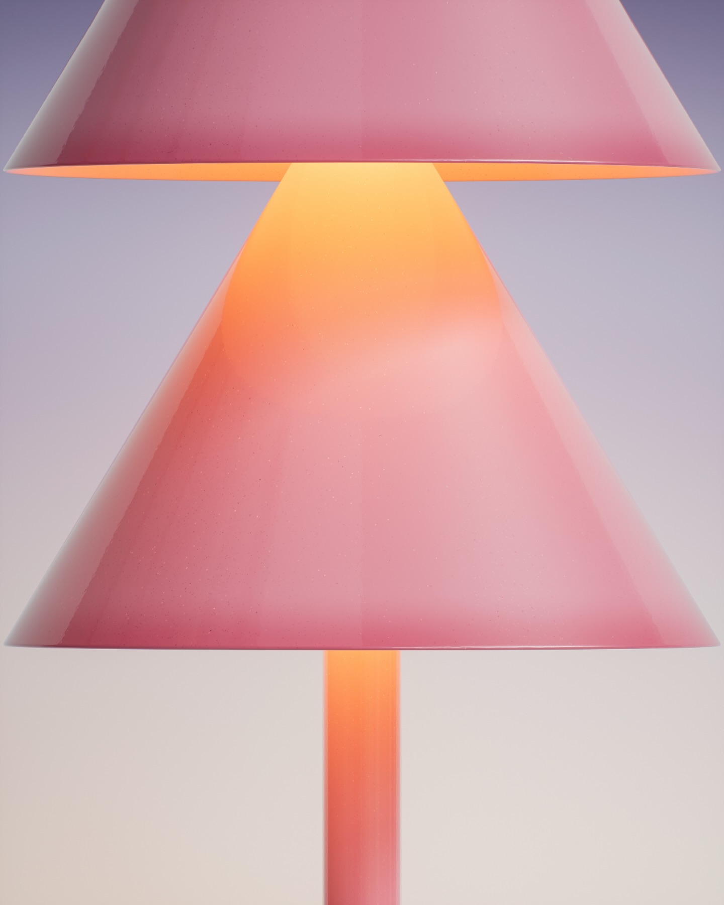 Close-up of a pink table lamp with two conical shades, radiating a warm, orange glow against a soft, gradient purple background.
