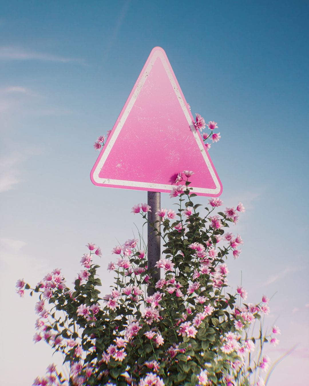 Pink triangular sign covered in pink blossoms against a blue sky, creating a surreal and dreamy springtime scene.
