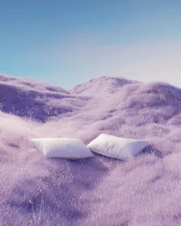 Two white pillows rest on a lavender-colored grassy hillside beneath a soft blue sky, suggesting comfort and serenity in a natural setting.