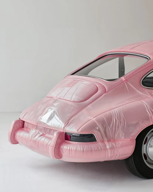 Rear view of a pink, inflatable Porsche 911 parked in a photo studio with white walls and floors, showcasing its whimsical design and smooth curves.