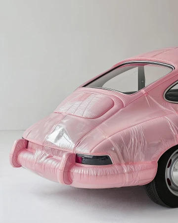 Rear view of a pink, inflatable Porsche 911 parked in a photo studio with white walls and floors, showcasing its whimsical design and smooth curves.