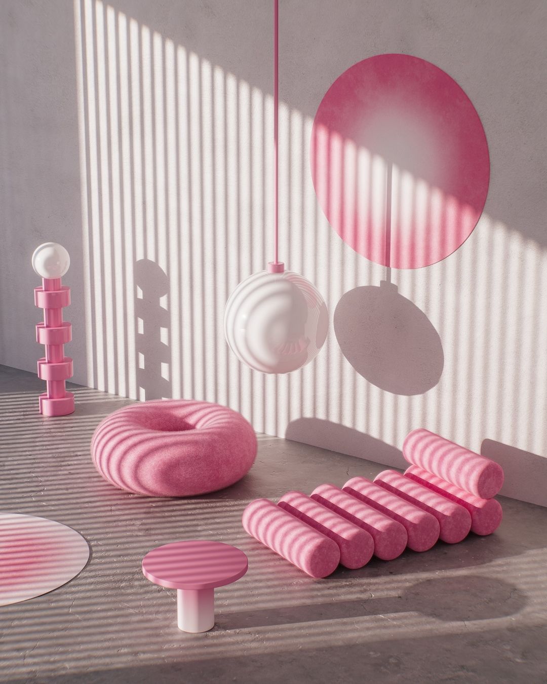 Abstract composition with pink and white donut-shaped objects, ball pendant, and cylinder stools against a wall with shadow lines.