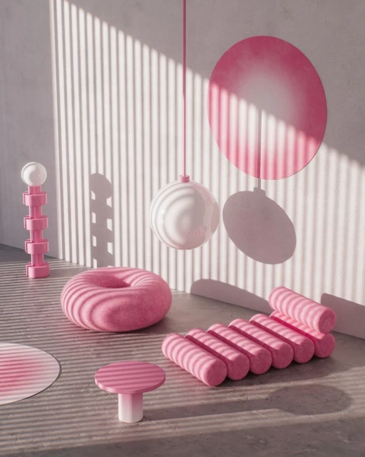 Abstract composition with pink and white donut-shaped objects, ball pendant, and cylinder stools against a wall with shadow lines.