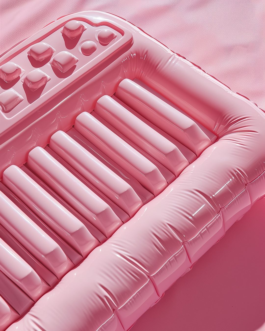 Inflatable pink piano keyboard toy for the pool, a fun summer accessory for kids, floats on a pink background in soft light.
