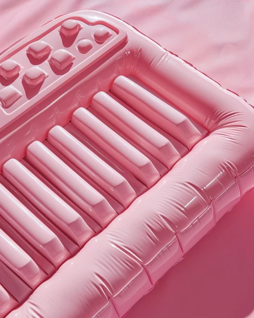 Inflatable pink piano keyboard toy for the pool, a fun summer accessory for kids, floats on a pink background in soft light.