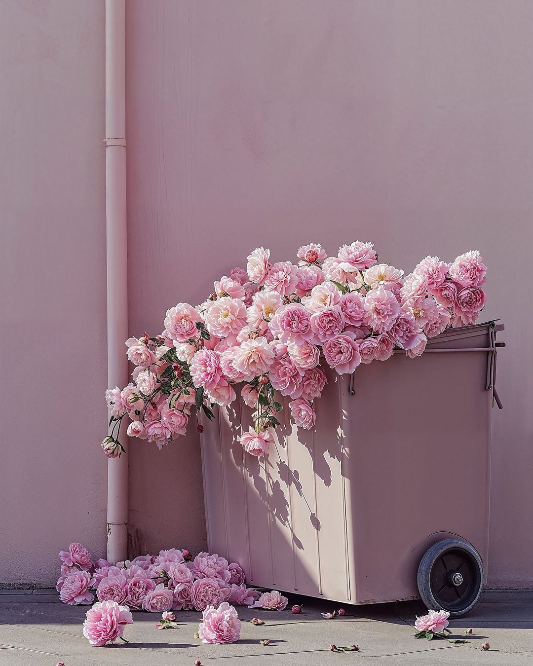 Pink roses overflowing from a pink wheeled bin against a pink wall, creating a monochromatic, floral-themed scene with soft lighting.