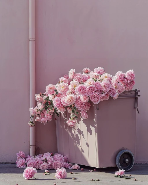 Pink roses overflowing from a pink wheeled bin against a pink wall, creating a monochromatic, floral-themed scene with soft lighting.