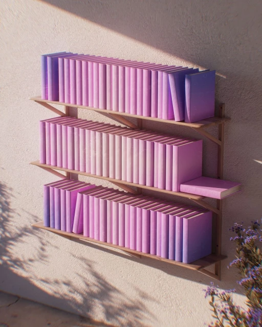 Three shelves of pastel-colored books against a pale wall with a few sprigs of lavender creating a soft, calming, aesthetic image.