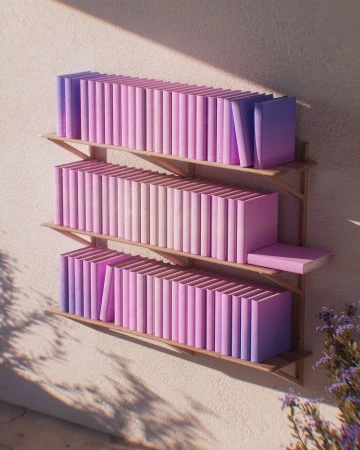 Three shelves of pastel-colored books against a pale wall with a few sprigs of lavender creating a soft, calming, aesthetic image.