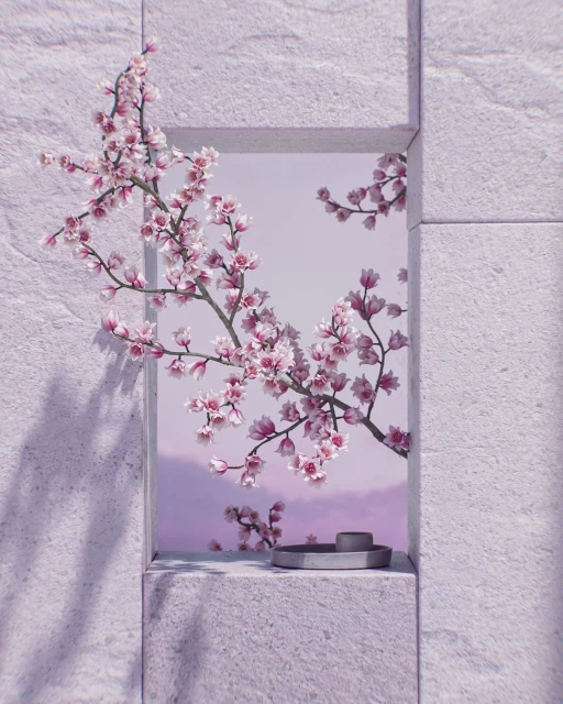 Stone wall with cherry blossom branches in window and gray cylindrical object on ledge creating a sense of serenity and nature.