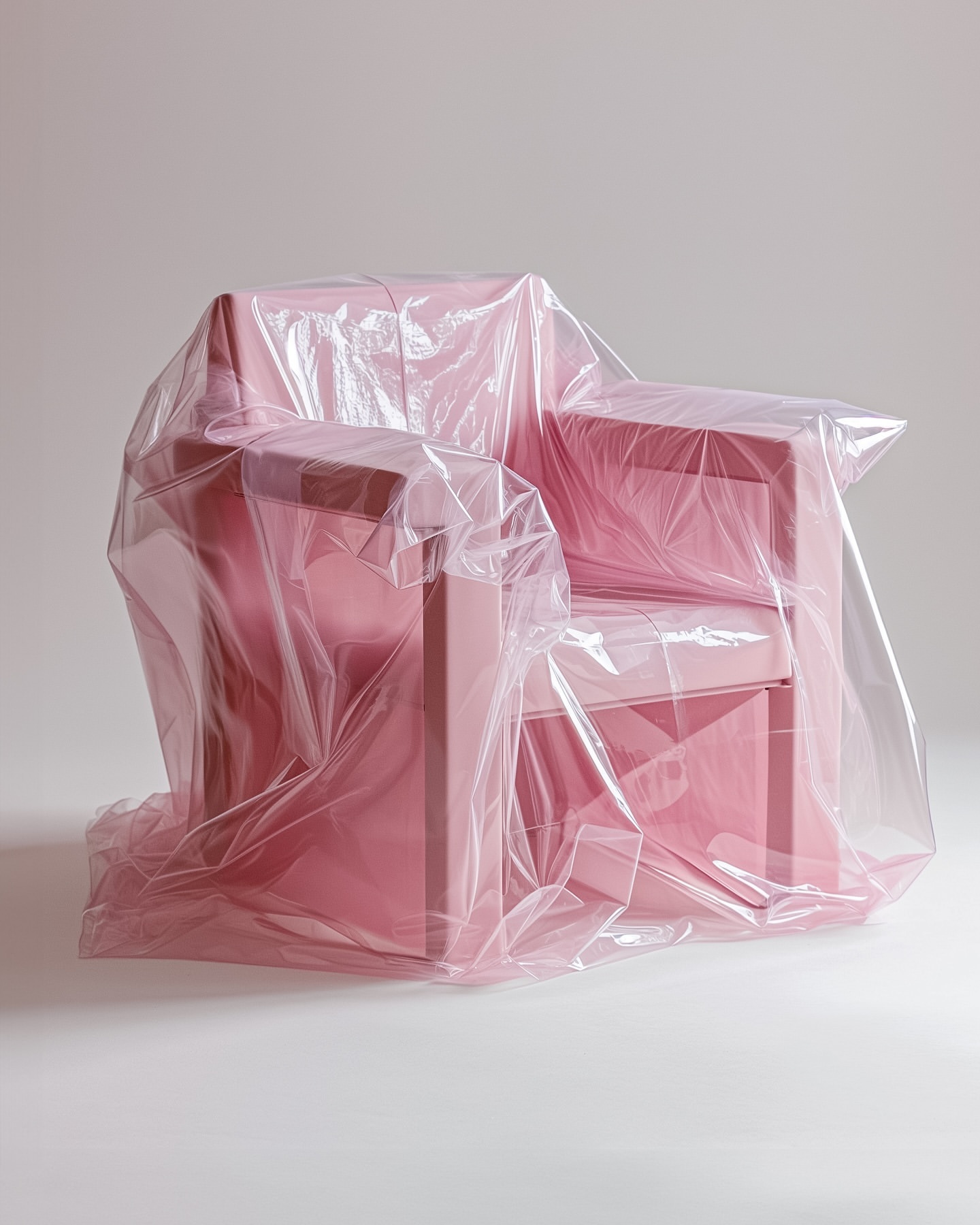 Pink armchair is covered in clear plastic, creating a surreal and protected appearance against a neutral background in studio setting.