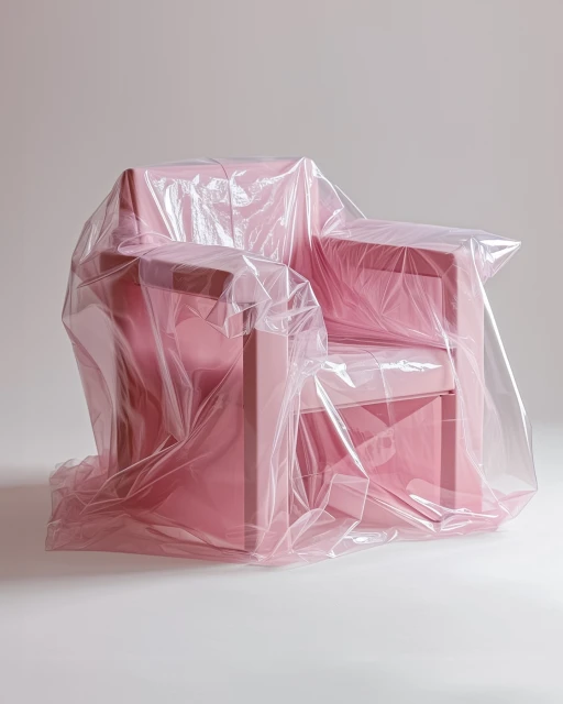 Pink armchair is covered in clear plastic, creating a surreal and protected appearance against a neutral background in studio setting.