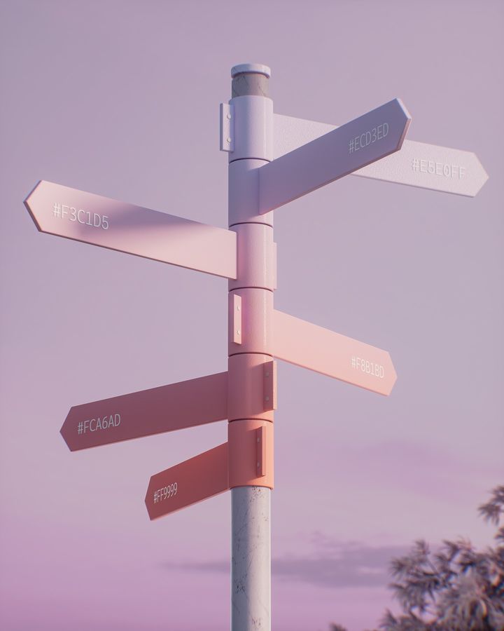 Directional signpost with color-coded arrows against a purple sky. Color-coded arrows point in different directions with hex codes on them.
