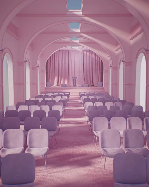 Large indoor auditorium with rows of chairs in soft pink and purple hues, bathed in natural light from skylights above.
