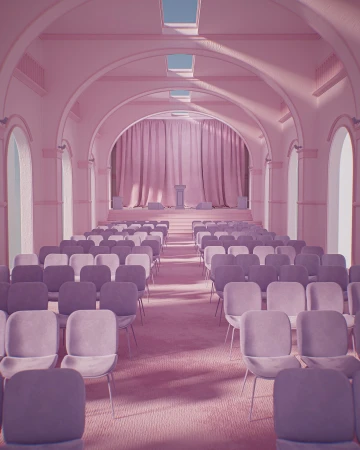 Large indoor auditorium with rows of chairs in soft pink and purple hues, bathed in natural light from skylights above.