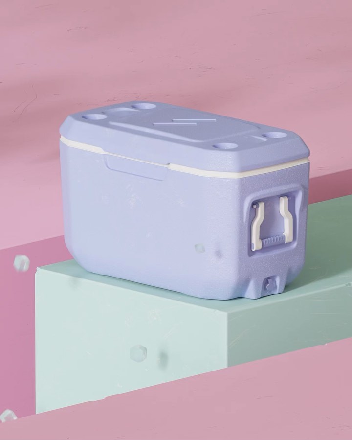 Isolated light-purple cooler box on a mint-green block against a pink backdrop, studio lighting, product photography, simple set design.