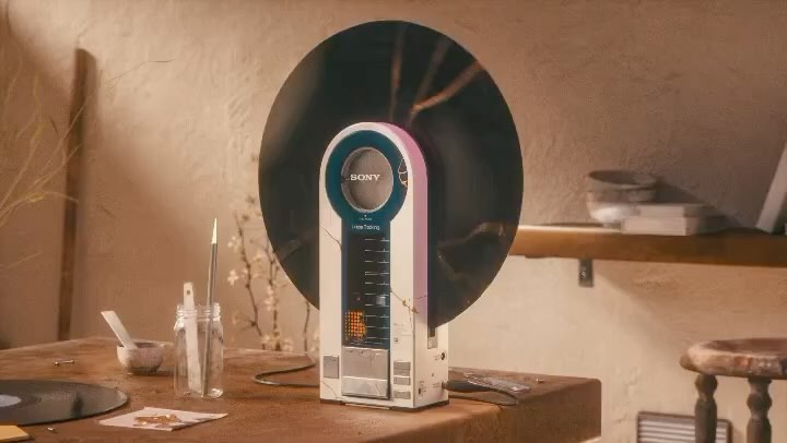 Retro Sony record player on a wooden table with a vinyl record and flowers in the background. Nostalgic music listening.