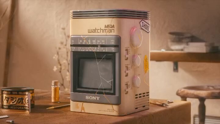 Vintage Sony Mega Watchman television with a cracked screen, set on a wooden surface with a tin can, small bottle, and writing utensil.