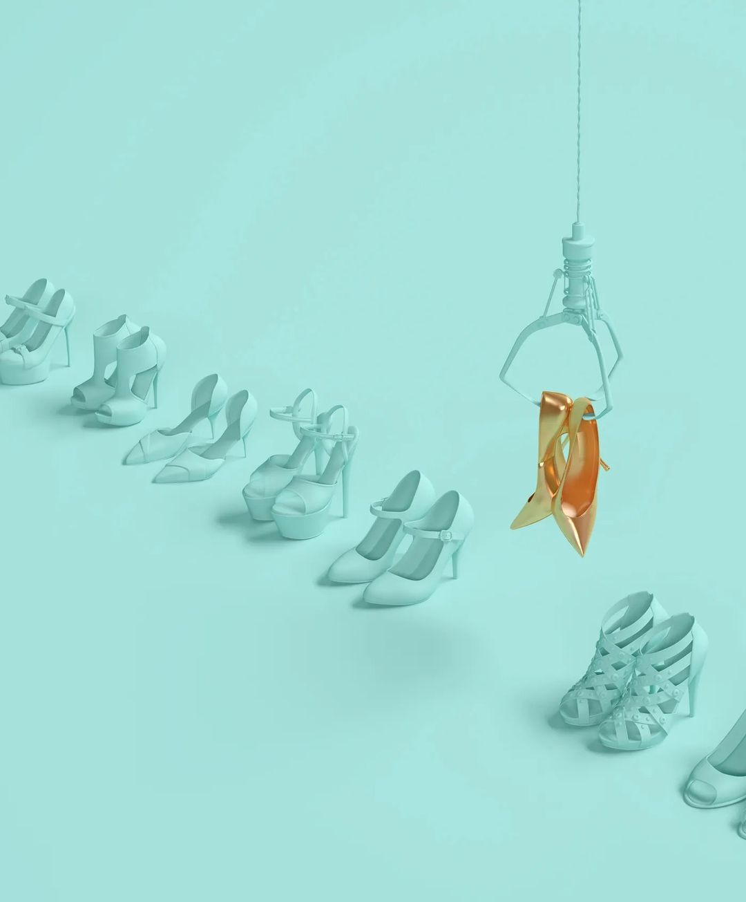 Conceptual shot of an automated claw hoisting up a gold-colored stiletto shoe, surrounded by a row of identical turquoise high heels.