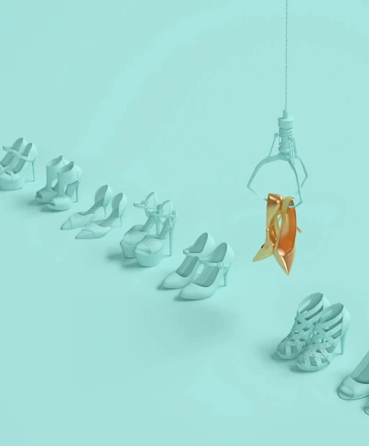 Conceptual shot of an automated claw hoisting up a gold-colored stiletto shoe, surrounded by a row of identical turquoise high heels.