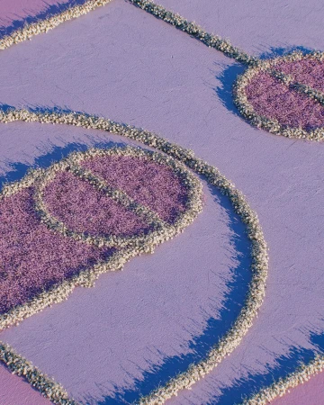 Abstract flat lay of a textured light purple surface featuring raised designs in the shape of musical notes and round shapes.