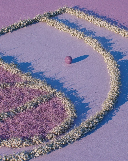 Abstract lavender art still life: lilac sphere casting shadows, positioned within a patterned floral border against a light purple surface.