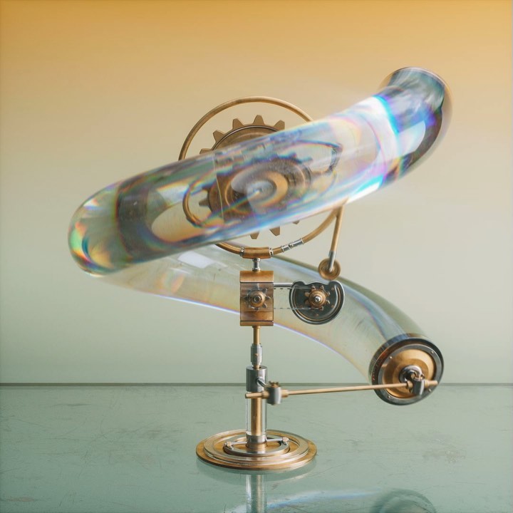 Steampunk-style sculpture featuring a glass tube on a brass stand with visible gears and a light orange to green gradient background.